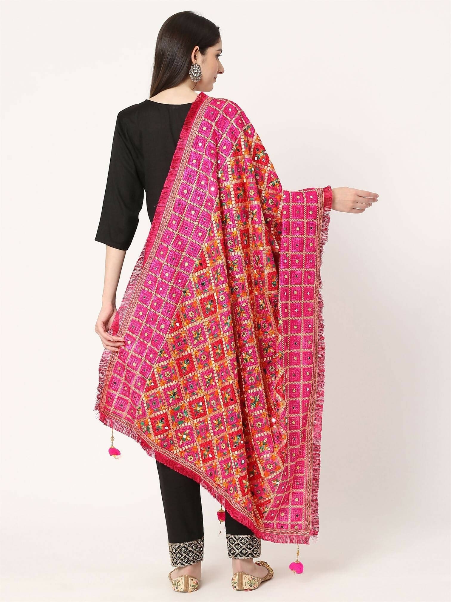 Magenta Mullticolour Embroidery Phulkari Dupatta with Mirror - HalfPe