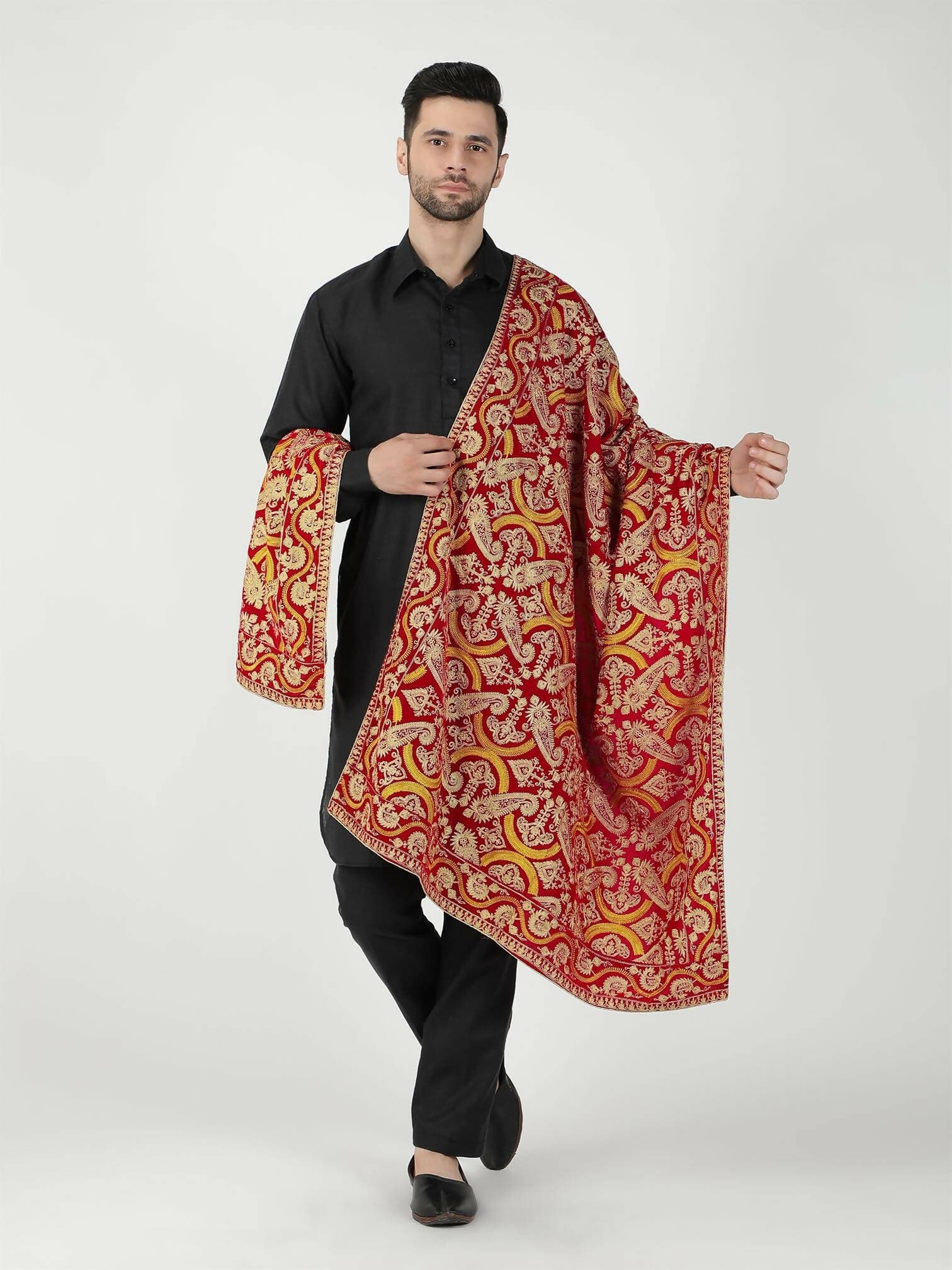 Red and Mustard Paisley Patterned Embroidered Velvet Shawl - HalfPe