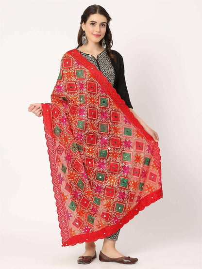 Red Multicolour Embroidery Phulkari Dupatta with Mirror Work - HalfPe