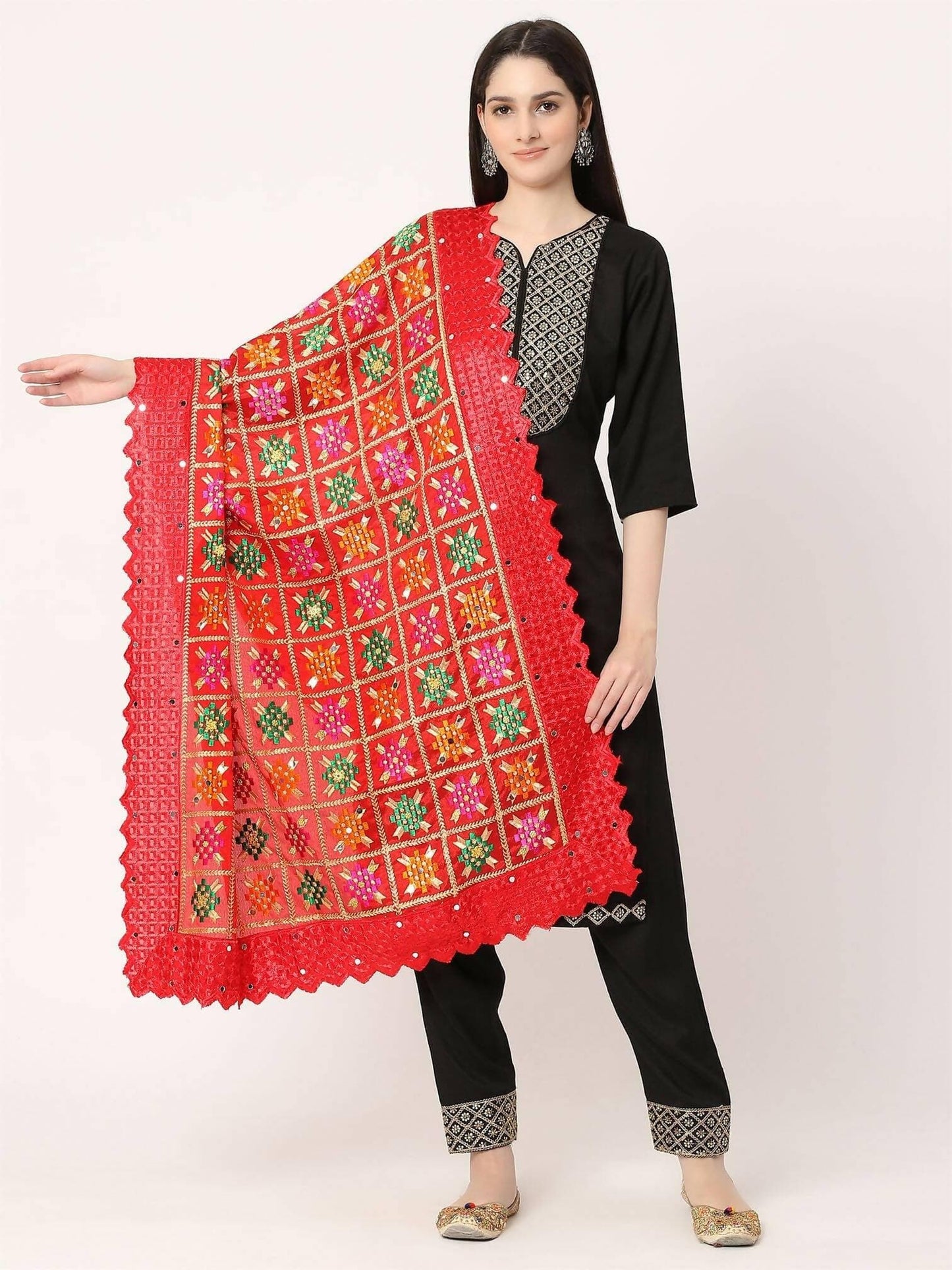 Red Multicolour Embroidery Phulkari Dupatta with Golden Beads - HalfPe