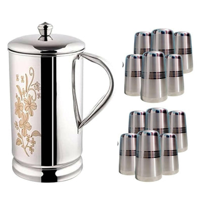 SHINI LIFESTYLE Stainless Steel Jug and Glass Set Laser Design Glass Floral jug with lid (7) - HalfPe