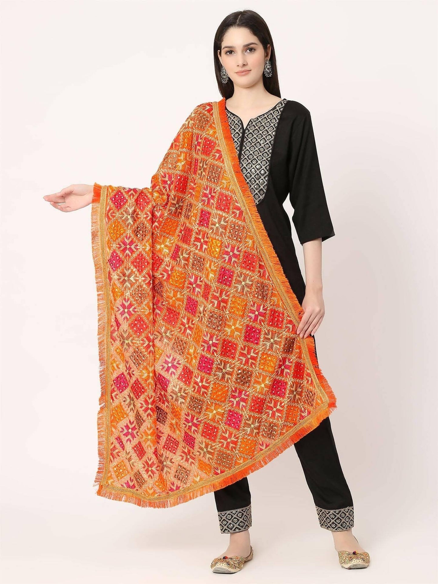 Black Multicolour Embroidery Phulkari Dupatta with Mirror Work - HalfPe