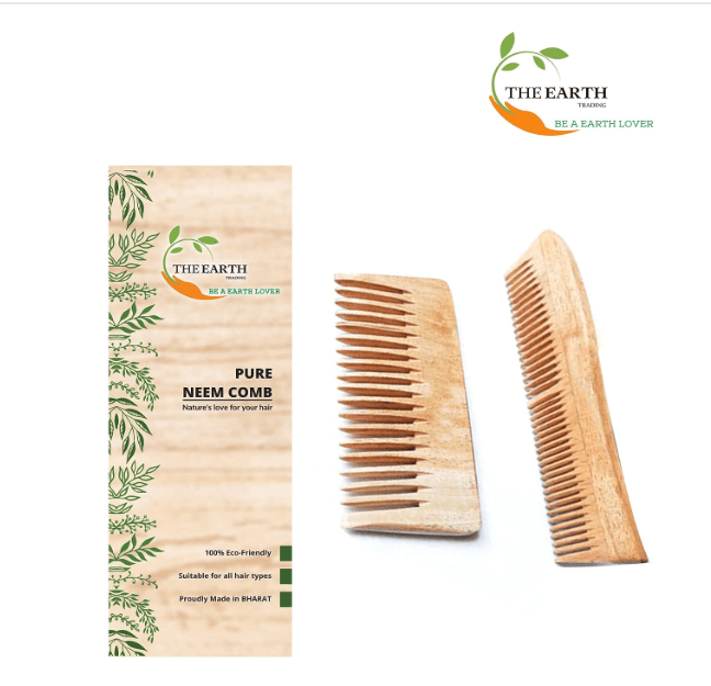 Kacchi neem wood comb (pack of 2) dual teeth | THE EARTH TRADING - halfpeapp