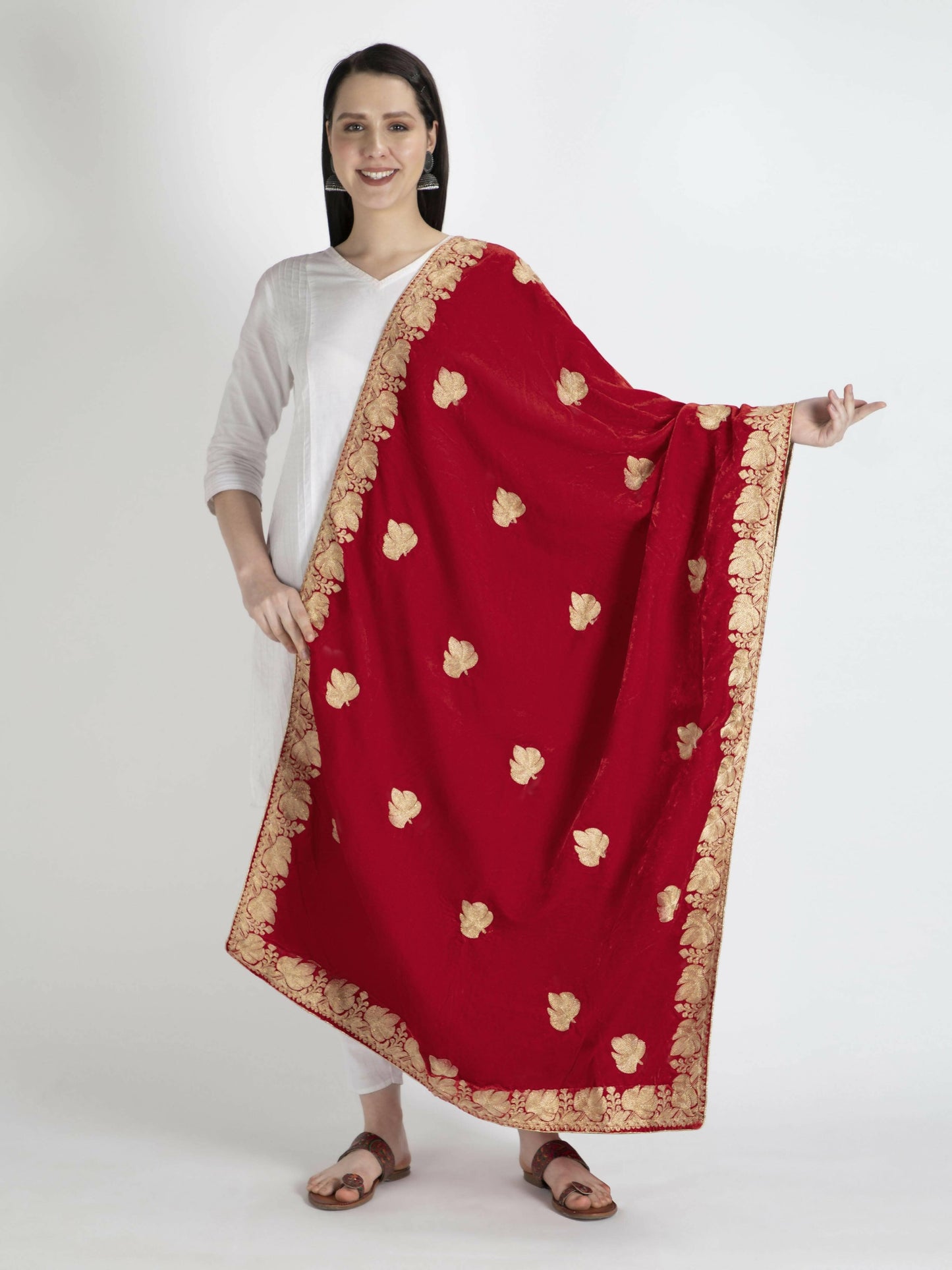 Velvet Embroidered Shawl Dupatta (red) - HalfPe