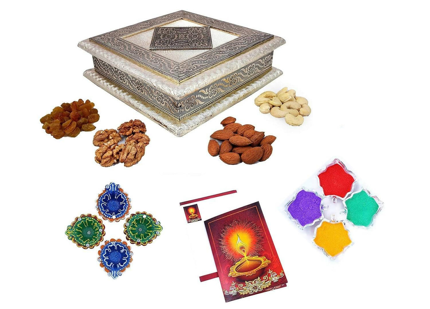 MANTOUSS Diwali Oxidised Dry Fruit Hamper/Pack/Combo-Cashew,Almond,Walnut and Raisin (50gms Each) 200gms +2 earthern Diya, Diwali Greeting Card and Rangoli Colours - HalfPe