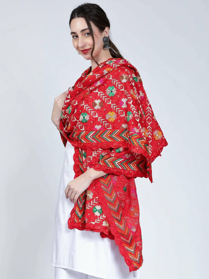 Phulkari dupatta with mirror work (Red, multicolor design) - HalfPe