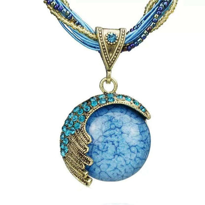 SENECIO Turquoise Blue Rope Chain Multilayer Beautiful Stone Crystal Studded Round Feather Shape Necklace - HalfPe