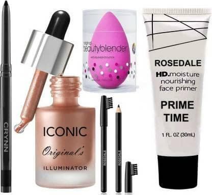 Crynn Rosedale Pro Kajal & Iconic Shine Illuminator Highlighter & Glazed Glam Black Eyebrow Pencil & Beauty Blender Sponge Puff (Pack of 5 Items ) - HalfPe