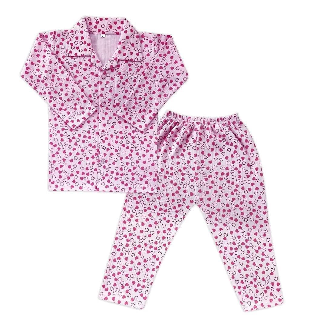 Kids and BEBS Baby Boy and Baby Girls Sleepwear Night Suit, Night Wear, Top & Pajama Set Full Sleeve with round neck printed pink hearts (1 Years - 2 Years) - halfpeapp