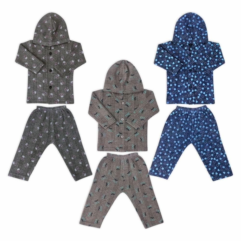 Kids and bebs Baby Boys and Baby Girls Front Printed Open Warm Thermal with Cap Set for Winters Pack of 3 (0-3 months) - halfpeapp