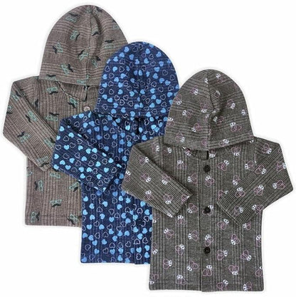 Kids and bebs Baby Boys and Baby Girls Front Printed Open Warm Thermal with Cap Set for Winters Pack of 3 (0-3 months) - halfpeapp