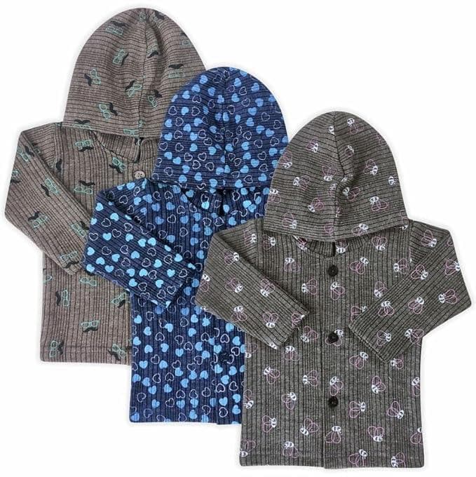 Kids and bebs Baby Boys and Baby Girls Front Printed Open Warm Thermal with Cap Set for Winters Pack of 3 (6-9 months) - halfpeapp