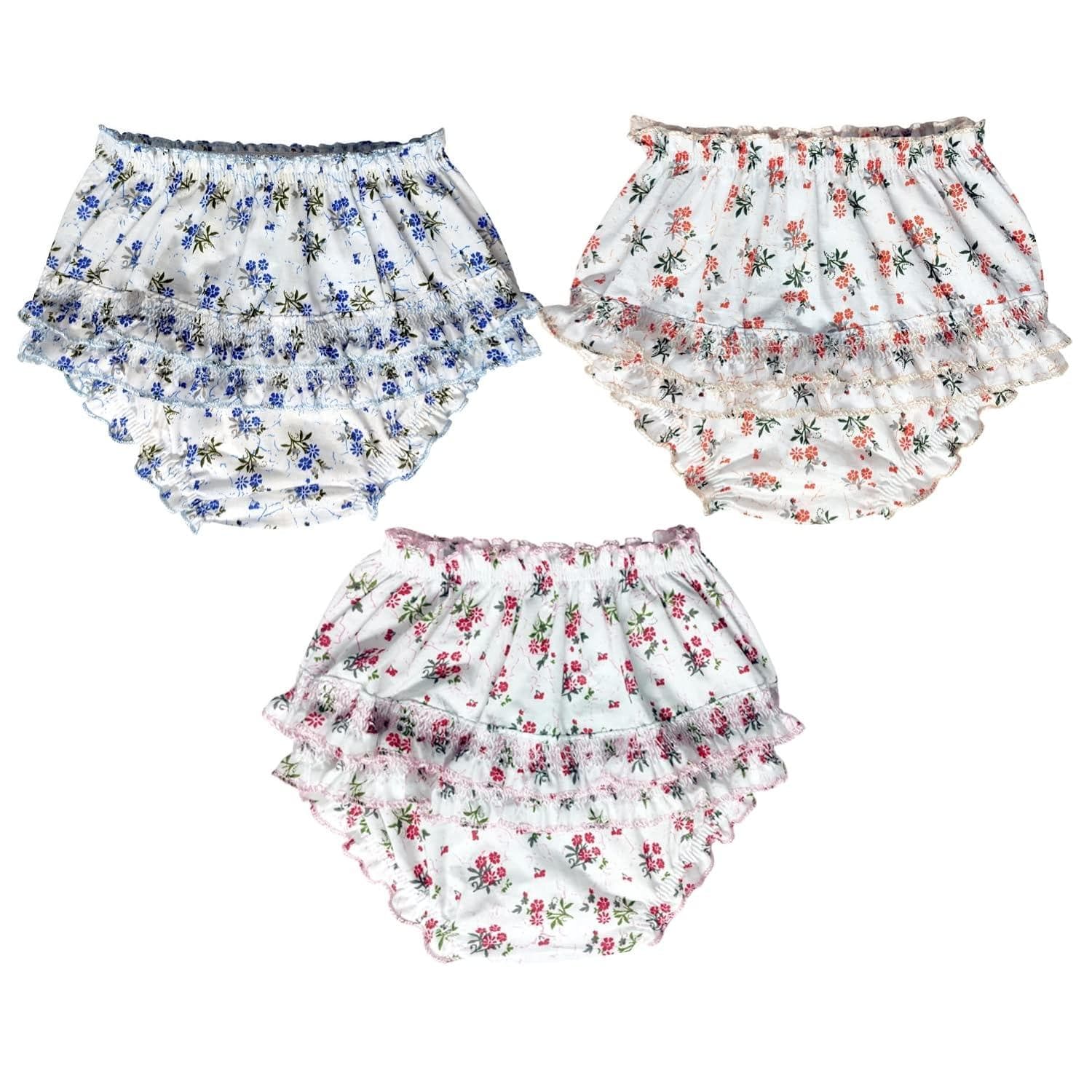 KIDS & BEBS Baby Girl's Cotton Multicolor And Multiprint Panties with Frill, Pack of 3 (Flower Print Frill Panty, 9-12 Months) - halfpeapp