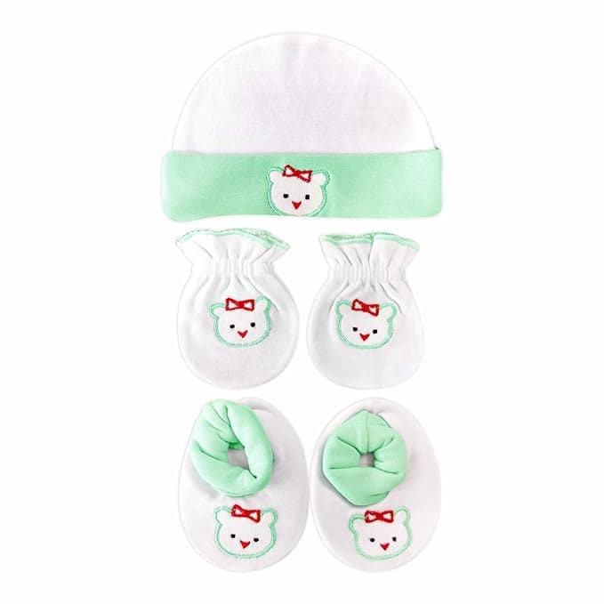 KIDS AND BEBS Mitten (gloves) booties and cap set made with soft and pure cotton febric suitable for 0 months to 1 year new born baby girls and boys pack of 1 - halfpeapp