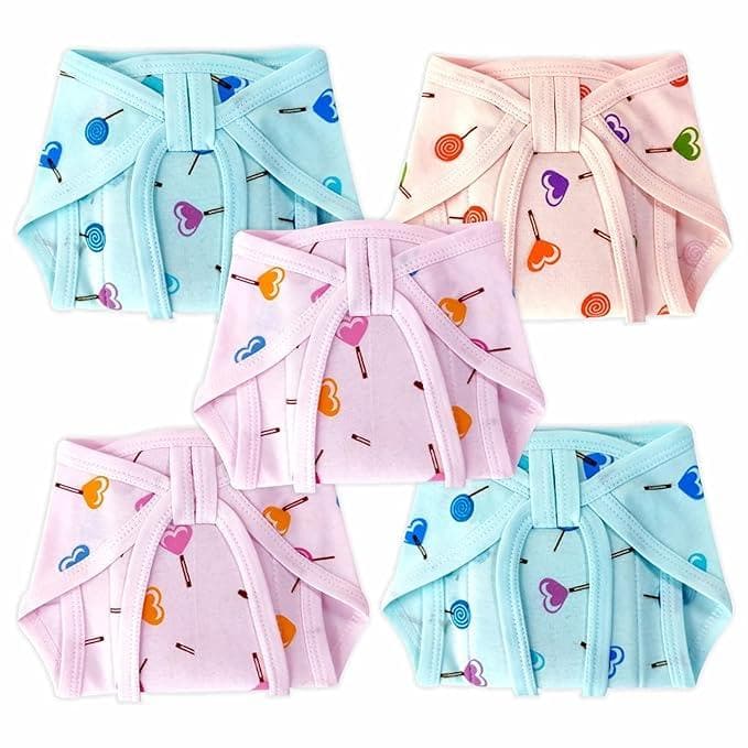 KIDS&BEBS Printed, Reuable, Cushioned Soft Cotton Nappy for Baby Boy, Girls Newborn And Infants Pack of 5 (Lolipop Print, 0-3 Months) - halfpeapp