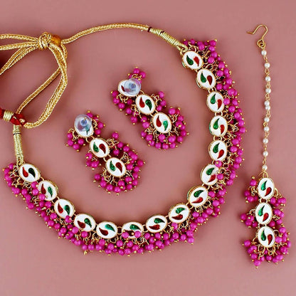 LUCKY JEWELLERY Back Meenakari 18k Gold Plated Magenta Color Tika Earring Combo Uncut Big Faux Kundan Choker Necklace set - HalfPe