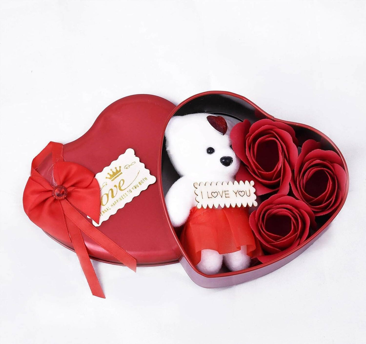 MANTOUSS Chocolate Gift for Girlfriend/Valentines Hamper-Red Box Filled with Chocolates+2 Shot Glasses+Glass Candle+Card+Message Bottle+Fur Love Heart+3pc Roses and Teddy Bear in a Heart Shaped Box - HalfPe