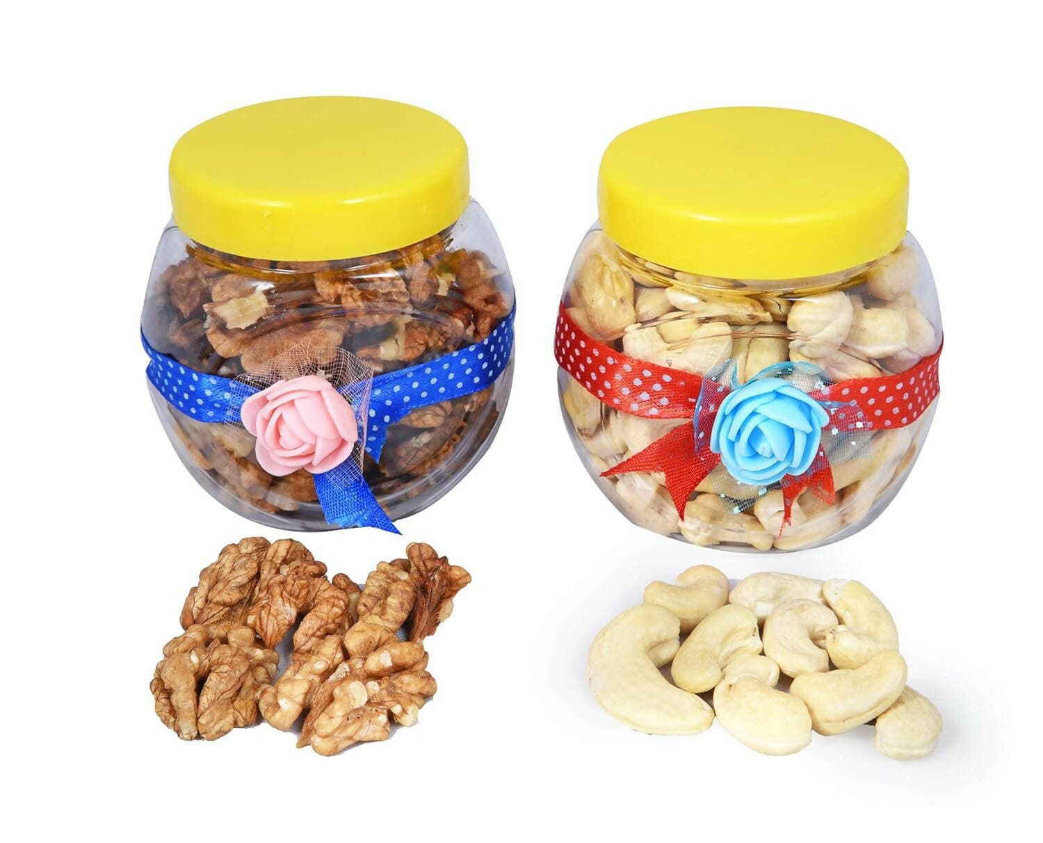 MANTOUSS Diwali Dry Fruit Decorated Jar-Cashew and Walnut(100gms Each),200 GMS + 2 Floating Diya, Diwali Greeting Card and Rangoli Colours - HalfPe