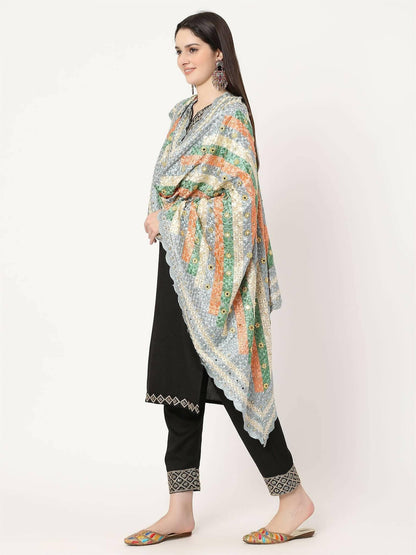 Grey Multicolour Embroidery Phulkari Dupatta with Beads - HalfPe