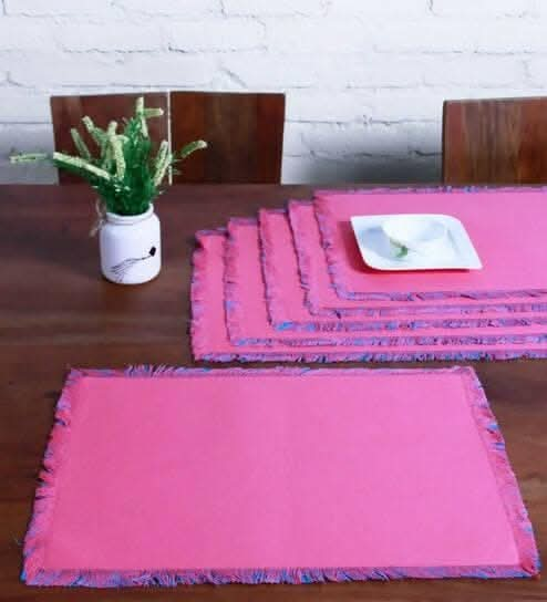 Lushomes dining table mats 6 pieces, Reversible Fancy Fringe dining table mat, dining table accessories for home, kitchen accessories items, Blue and Pink (13 x 19 Inches, Pack of 6) - HalfPe