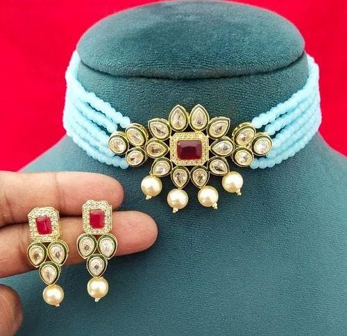 Kundan chokar sky blue necklace set - halfpeapp