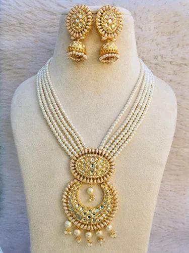 Kundan long necklace with earrings (beige) - halfpeapp