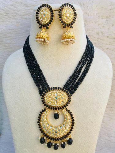 Kundan long necklace with earrings (black) - halfpeapp