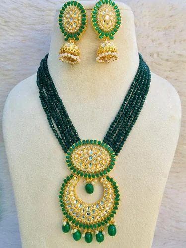 Kundan long necklace with earrings (green) - halfpeapp