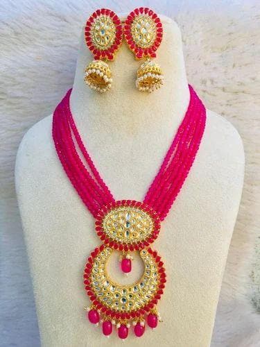 Kundan long necklace with earrings (pink) - halfpeapp