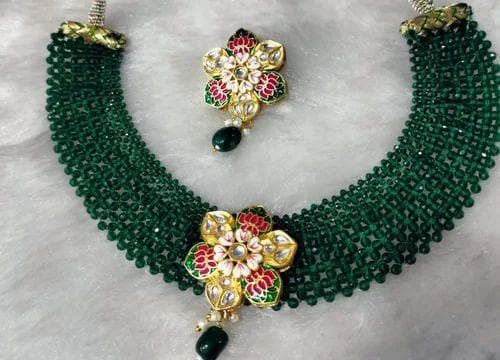 Kundan meena beads chokar necklace with earrings (green) - halfpeapp