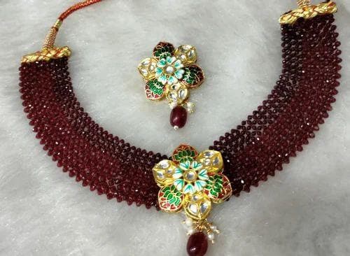 Kundan meena beads chokar necklace with earrings (maroon) - halfpeapp