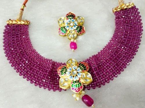 Kundan meena beads chokar necklace with earrings (purple) - halfpeapp