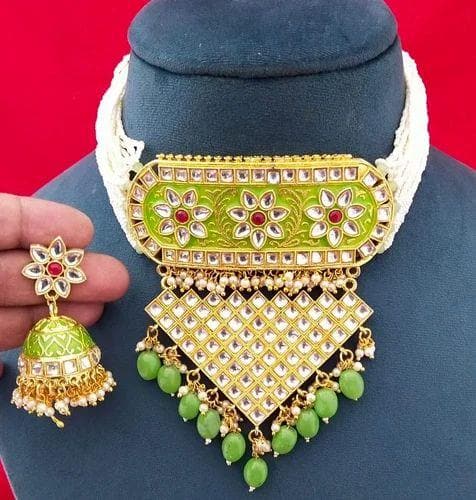 Kundan meenakari chokar pearl necklace with earrings (green) - halfpeapp