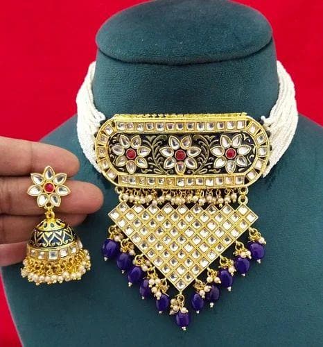 Kundan meenakari chokar pearl necklace with earrings (violet) - halfpeapp