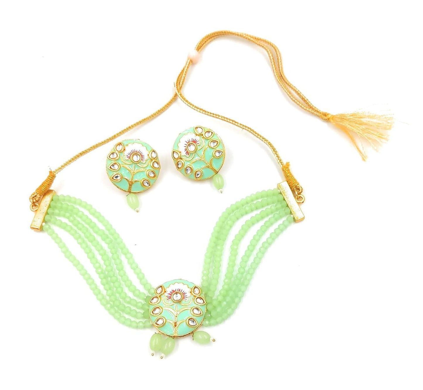 Kundan meenakari light green color necklace With earrings - halfpeapp