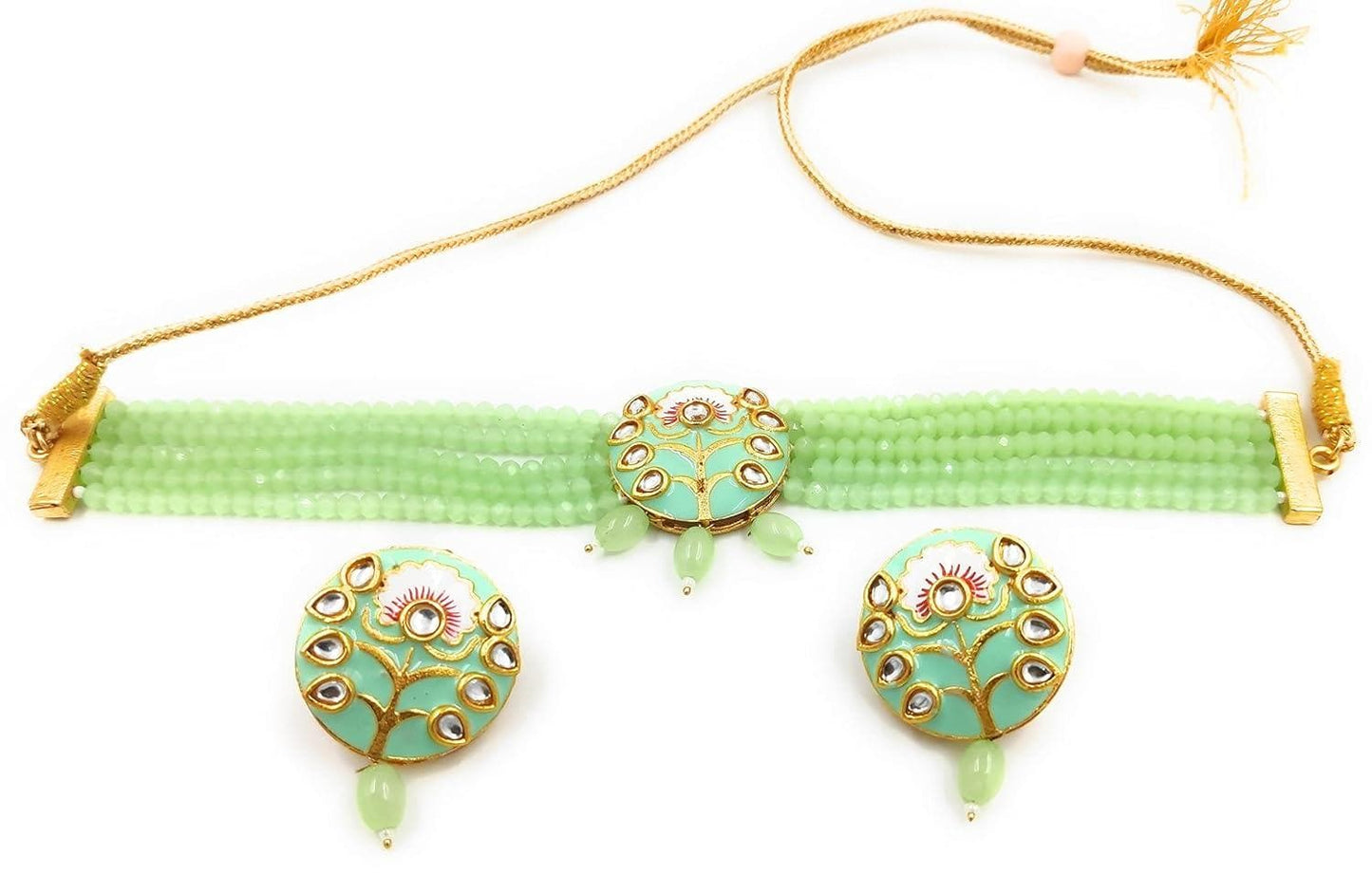 Kundan meenakari light green color necklace With earrings - halfpeapp