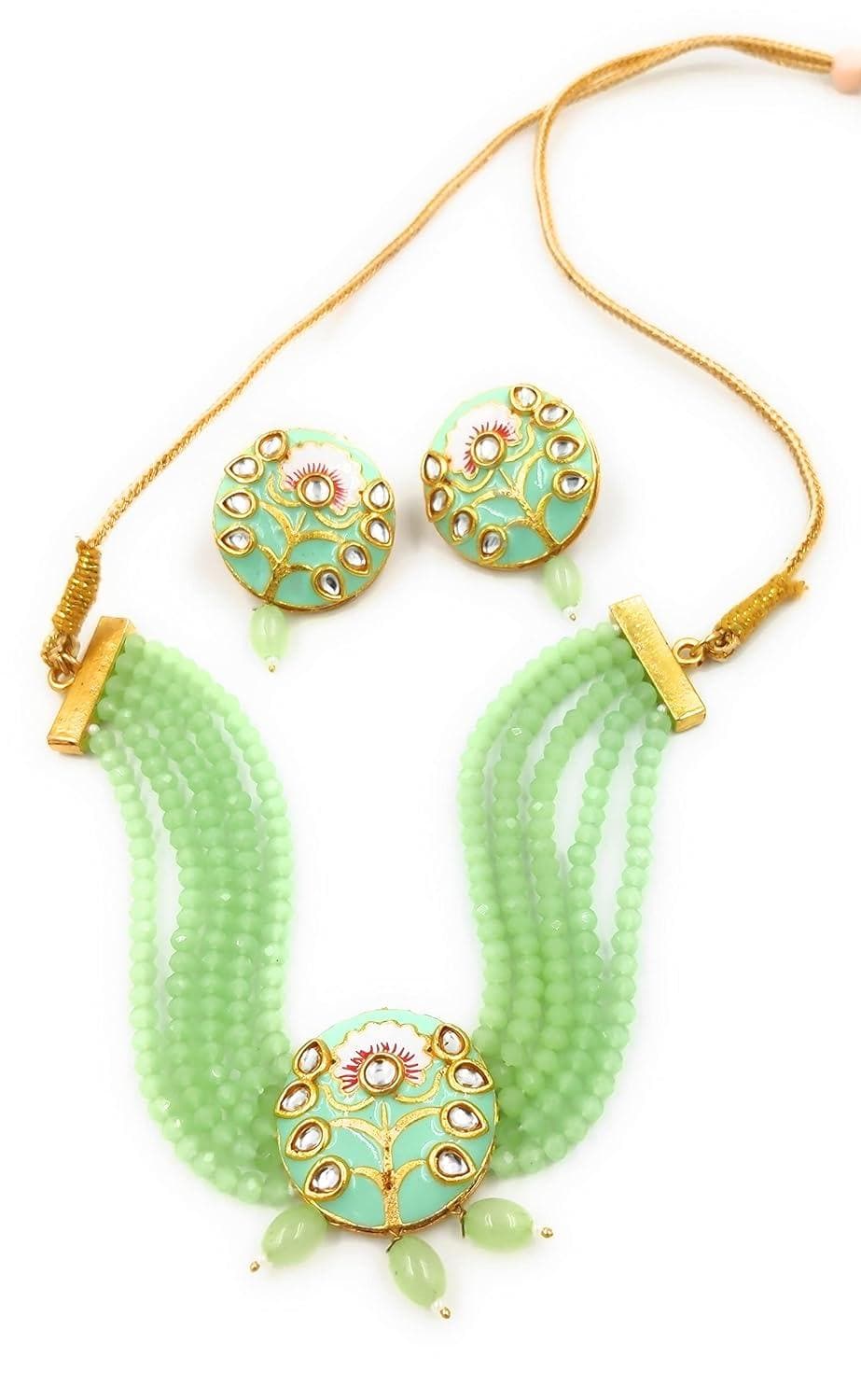 Kundan meenakari light green color necklace With earrings - halfpeapp