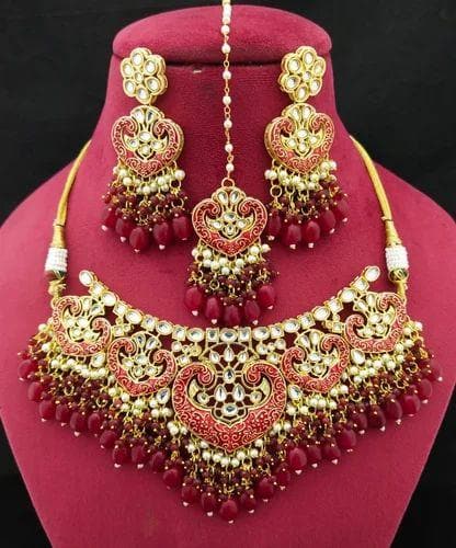 Kundan painting necklace (maroon) - halfpeapp