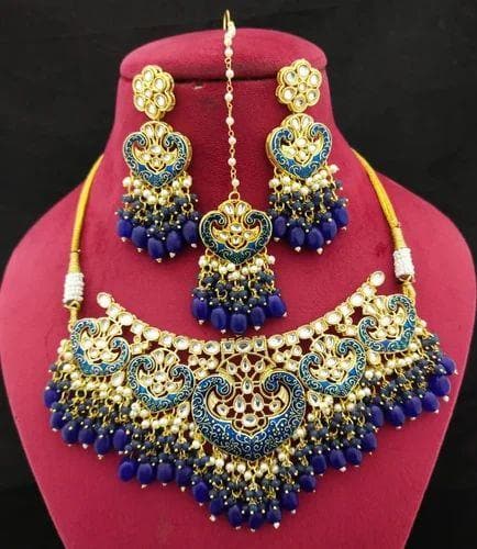 Kundan painting necklace with earrings and mangtika (blue) - halfpeapp