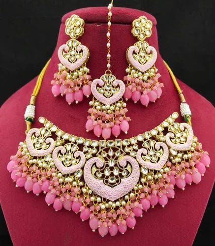 Kundan painting necklace with earrings (baby pink) - halfpeapp