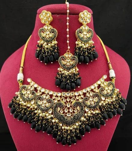 Kundan painting necklace with earrings (black) - halfpeapp