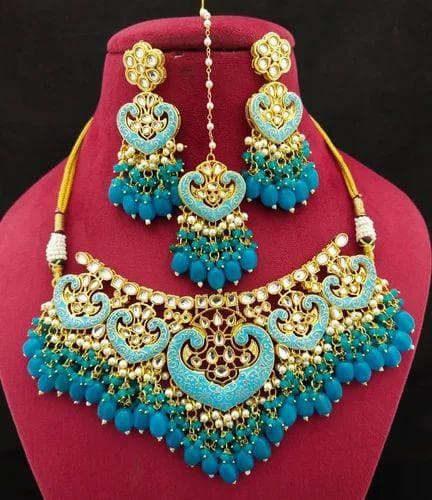 Kundan painting necklace with earrings (cyan) - halfpeapp