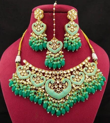 Kundan painting necklace with earrings (emerald) - halfpeapp