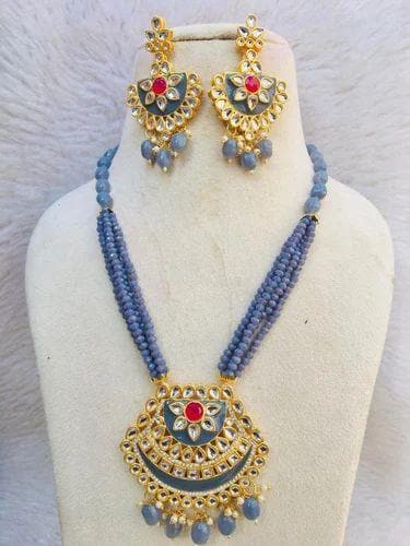 Kundan pendant necklace with earrings (blue) - halfpeapp