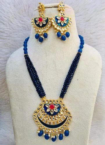 Kundan pendant necklace with earrings (dark blue) - halfpeapp