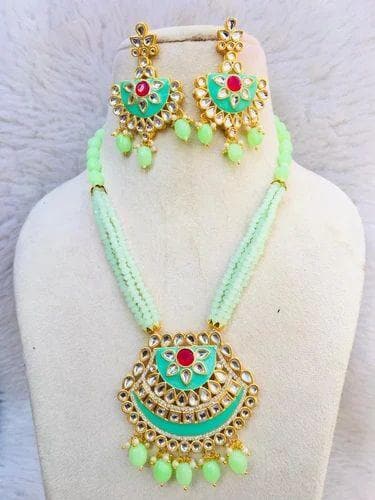 Kundan pendant necklace with earrings (light green) - halfpeapp