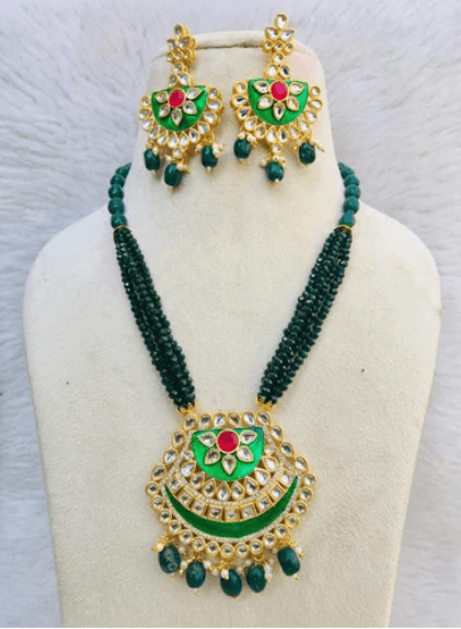 Kundan Pendent Necklace with earrings (olive mehndi green) - halfpeapp