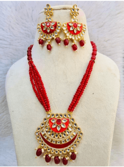 Kundan pendent necklace with earrings (red) - halfpeapp