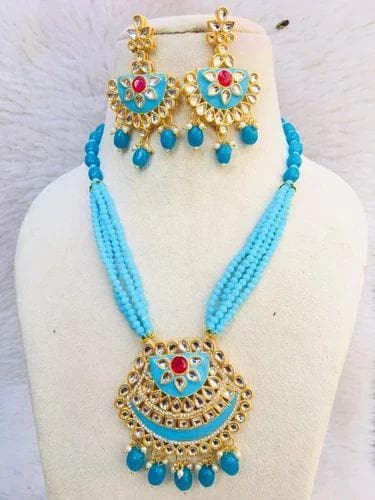 Kundan Pendent Necklace with earrings (sky blue) - halfpeapp