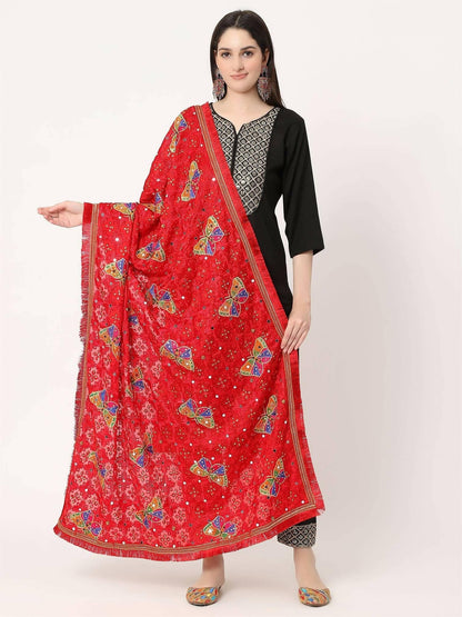 Red Butterfly Embroidery Phulkari Dupatta - HalfPe